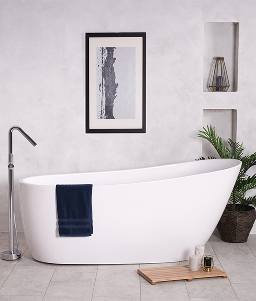 Modern bathroom with a prominent freestanding bathtub