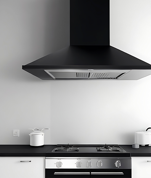 Wall-mounted kitchen chimney or range hood, designed to remove smoke, steam, and odors from the cooking area